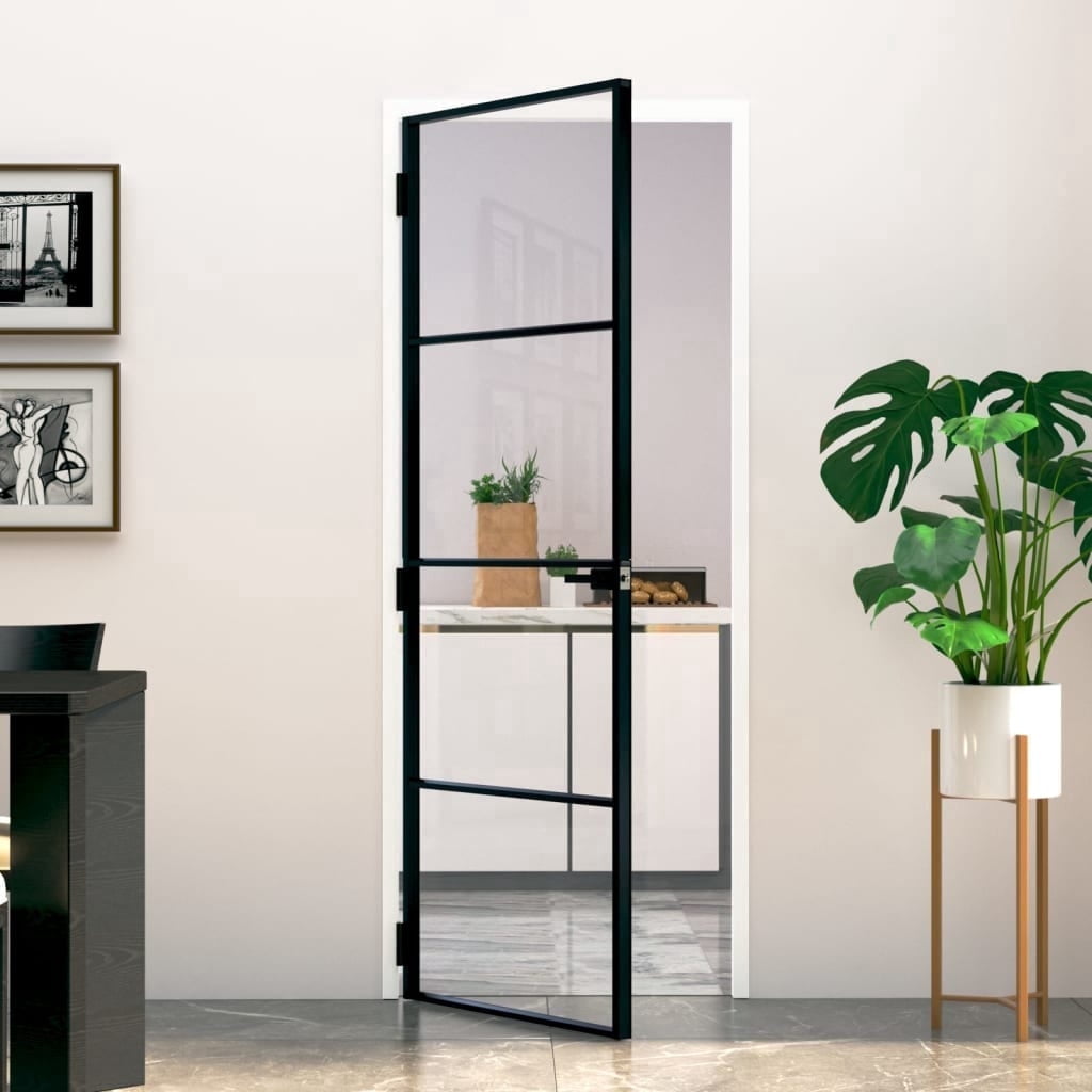 vidaXL Interior Door Black 29.9"x79.3" Tempered Glass & Aluminum Slim, 1 Piece, Thickness for Glass 0.2", for Door: 1.4"