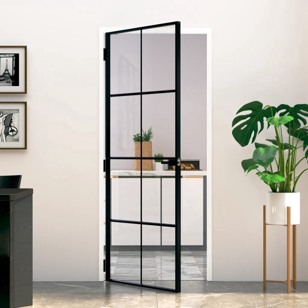 vidaXL Black Slim Interior Door 1 Piece  32.7"x79.3", Glass thickness: 0.2" Door thickness: 1.4", Tempered Glass & Aluminum