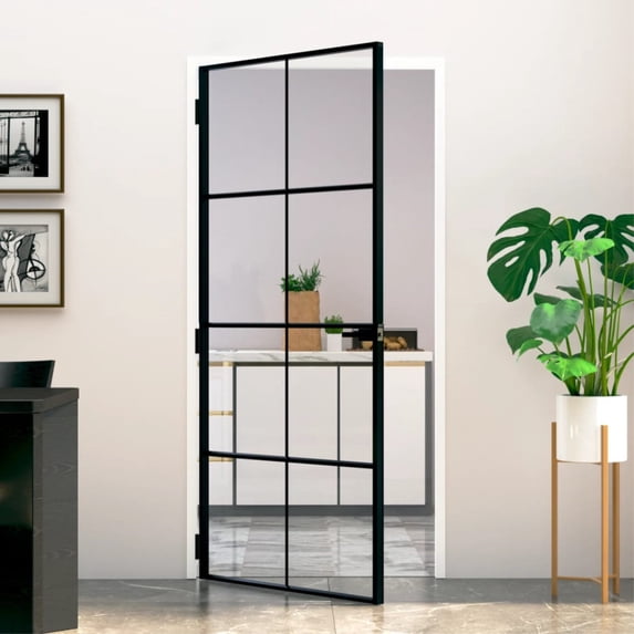 vidaXL Interior Door Black 36.6"x79.3" Tempered Glass&Aluminum Slim