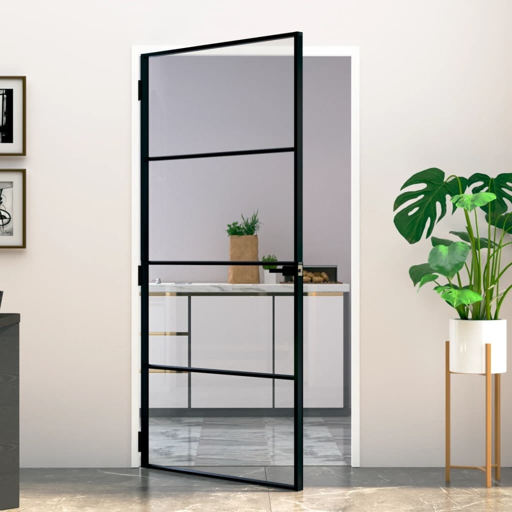 vidaXL 1-Piece Black Slim Interior Door 40.2"x79.3" 0.8" Thick Tempered Glass and Aluminum