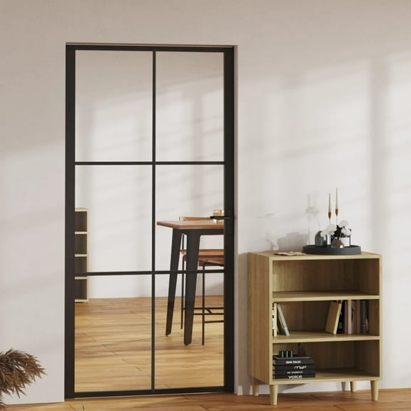 vidaXL Black ESG Glass Aluminum Interior Door Single Door 40.4x79.3 Inch 1.4 Inch Thickness