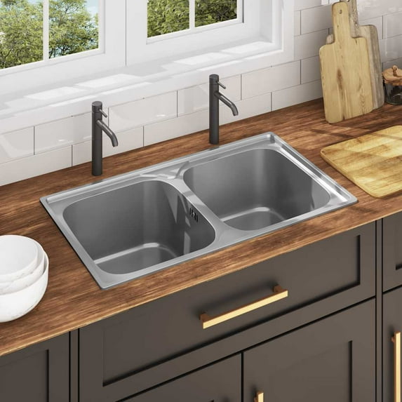 vidaXL Kitchen Sink with Strainer and Trap, Double Bowl, Ø16.5" Stainless Steel Rectangular