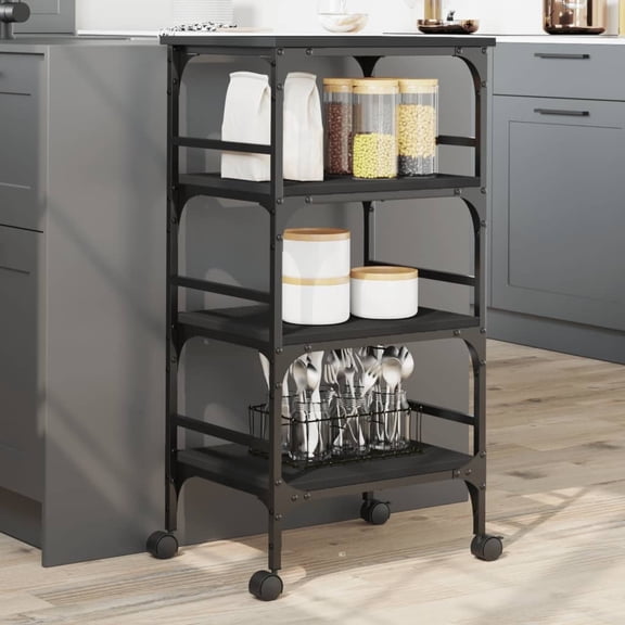 vidaXL Kitchen Trolley Black Engineered Wood Rolling 17.7" x 13.8" x 35.2"