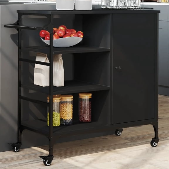 vidaXL Kitchen Trolley Black Engineered Wood Rolling 34.4" x 15.2" x 33.3"