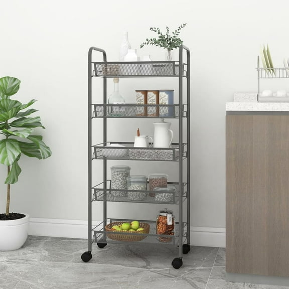 vidaXL Kitchen Trolley Rolling Storage Utility Cart with Mesh Baskets Iron