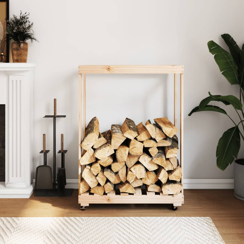 Solid Pine Wood Rolling Firewood Rack with Wheels