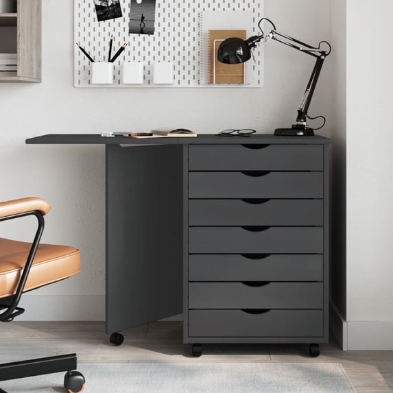 vidaXL 1 Piece MOSS 7 Drawer Chest w Desk and Wheels Gray Solid Pinewood For Ages 10+ and Adults