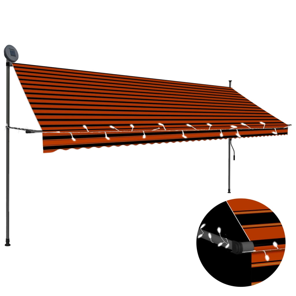 Manual Retractable Awning with LED Lights, 157.5" Orange and Black Stripes