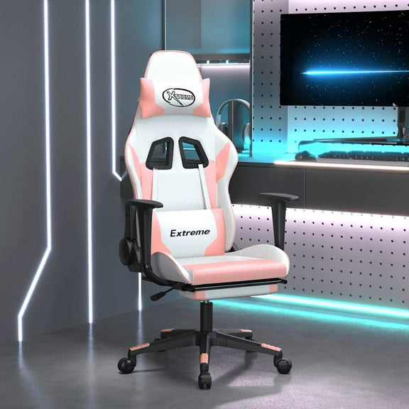 vidaXL Massage Gaming Chair with Footrest, Reclining, Height Adjustable, Swivel, White & Pink
