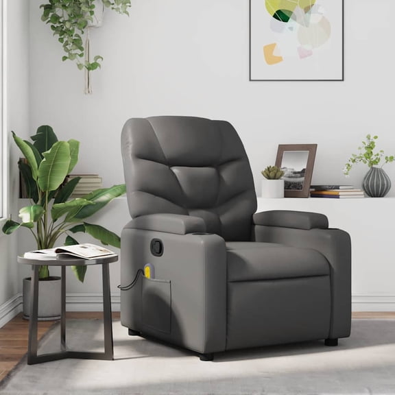 vidaXL Gray Leather Recliner Chair, 6-Point Vibration Massage, Adjustable Backrest & Footrest