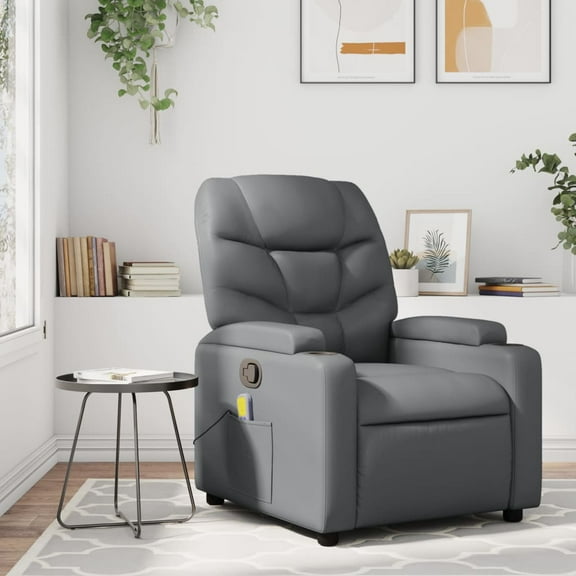 vidaXL Massage Recliner Chair Gray Faux Leather Medium Cup Holders