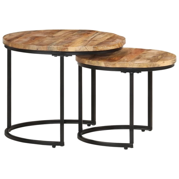 vidaXL Nesting Rough Mango Wood and Iron Round End Table, Brown (Set of 2)