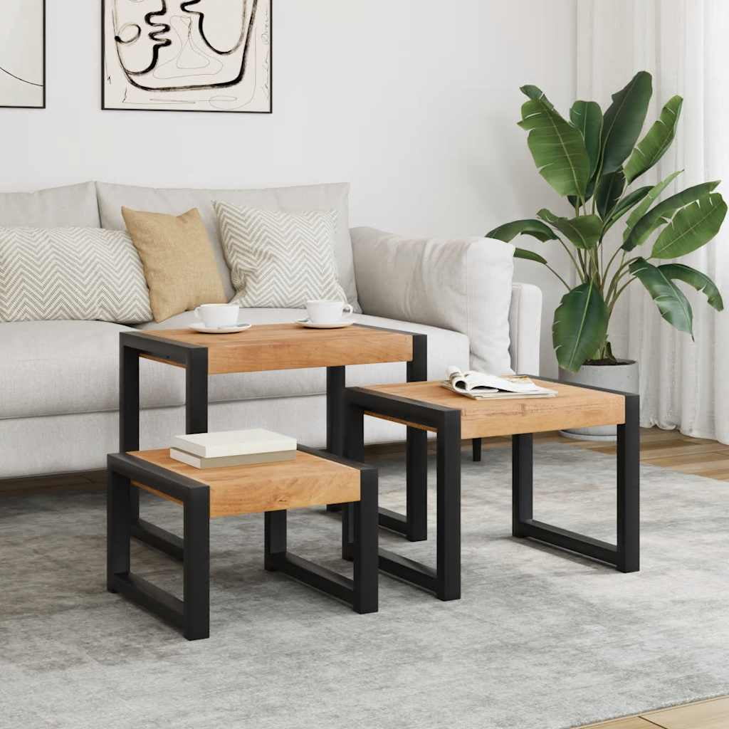 Vintage Sheesham Finish Solid Wood & Metal Nesting Tables - Set of 3