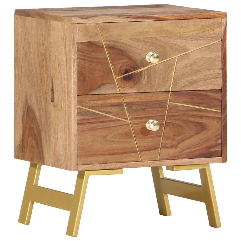 Rustic Medium Brown Mango Wood Nightstand with Brass Accents
