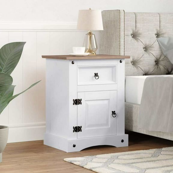 vidaXL Bedside Cabinet White body and brown top Solid pine wood