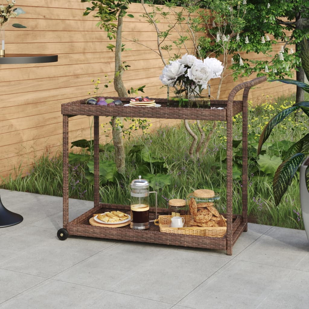 Brown Poly Rattan Rectangular Bar Cart with Black Steel Frame