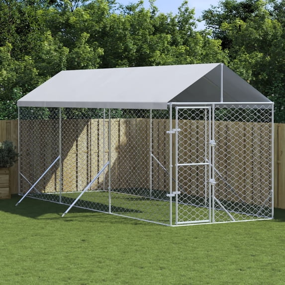 vidaXL Outdoor Dog Kennel Silver Galvanized steel, Polyethylene Large