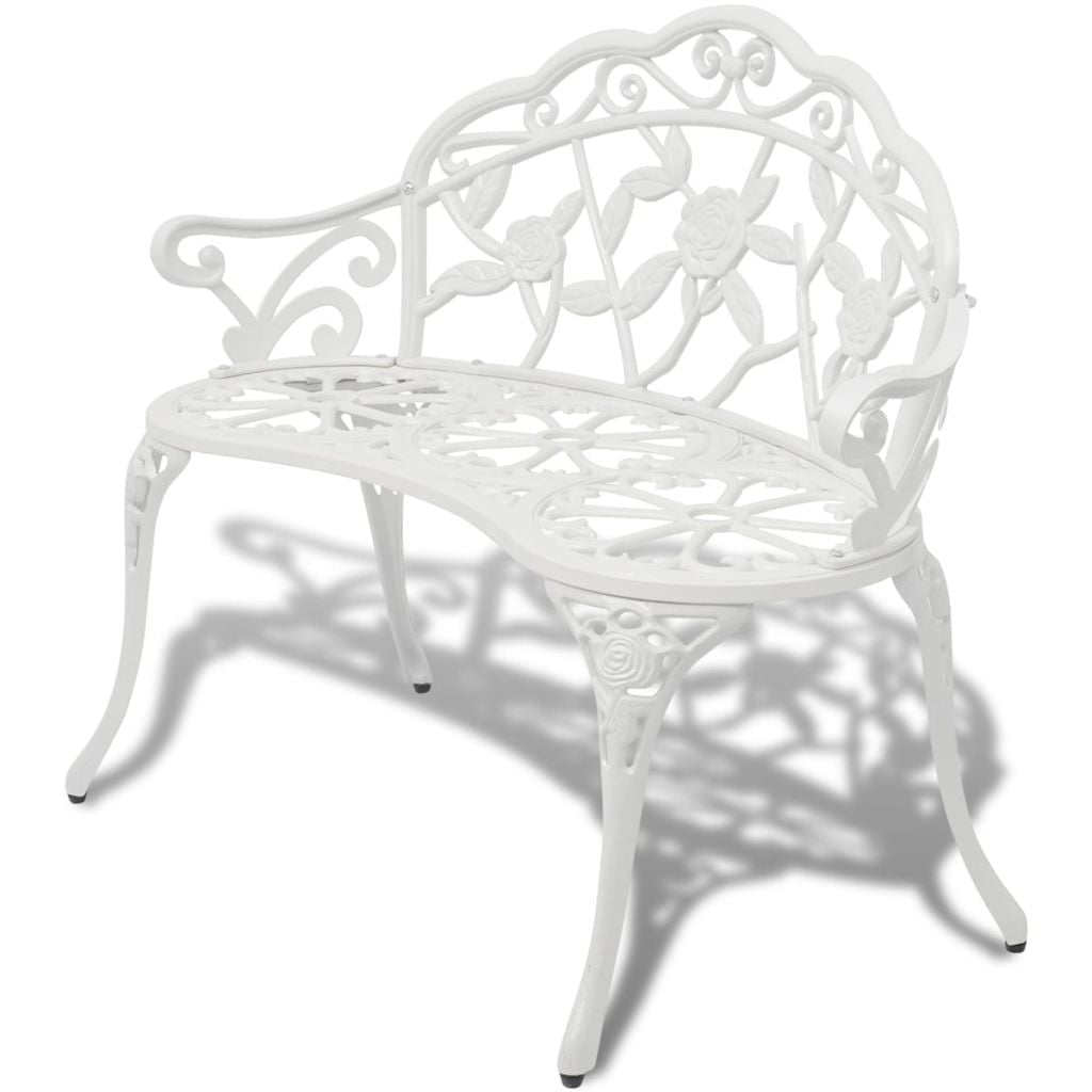 White Cast Aluminum Garden Bench with Ornate Floral Design