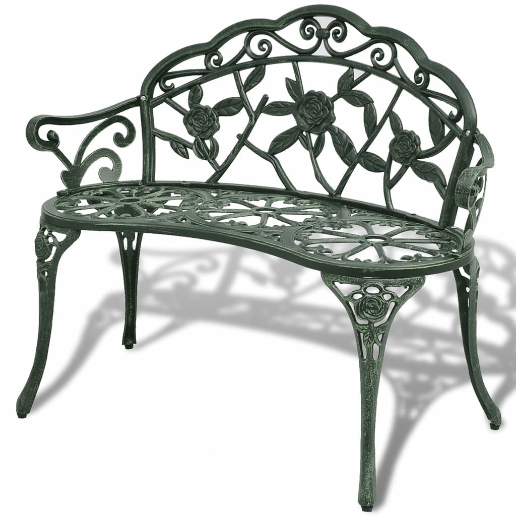 Green Cast Aluminum Garden Bench with Floral Design
