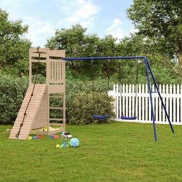KidKraft Raptor Trail Wooden Outdoor Swing Set with Wavy Slide and Rock ...