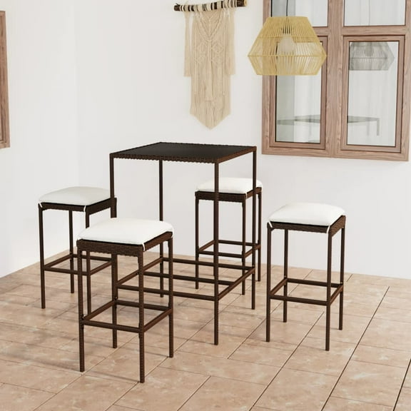 vidaXL Patio Bar Set Patio Bar Table and Stools with Cushions Poly Rattan