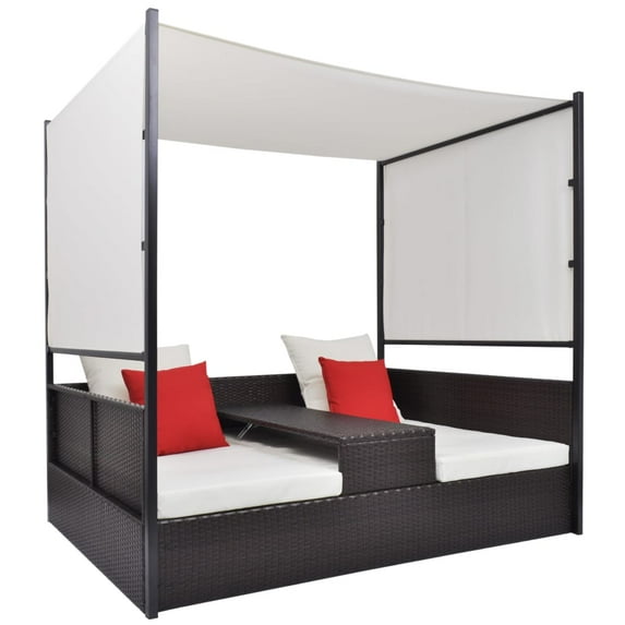 vidaXL Patio Bed Outdoor Patio Double Chaise Lounge with Canopy Poly Rattan