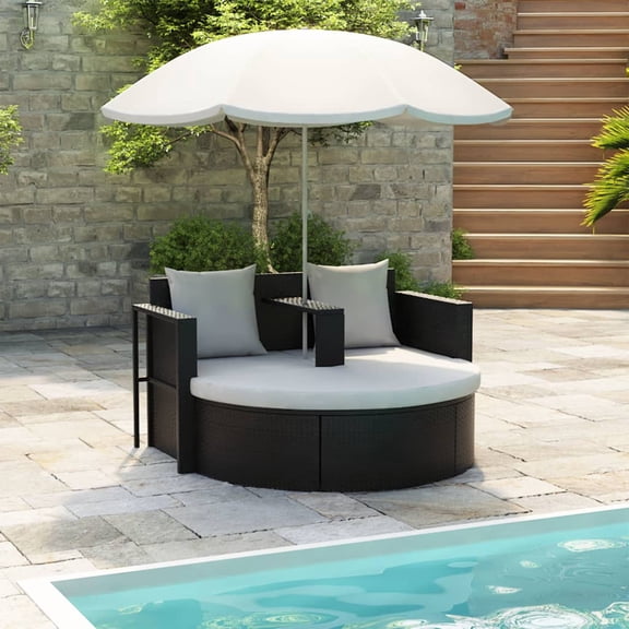 vidaXL Patio Bed Outdoor Patio Lounger Wicker Daybed with Parasol Poly Rattan