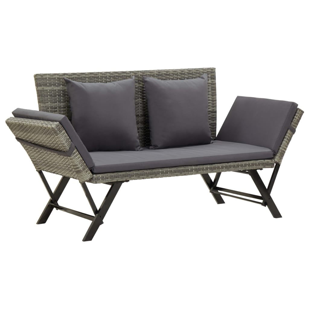 Adjustable Gray Rattan Patio Bench with Dark Gray Cushions