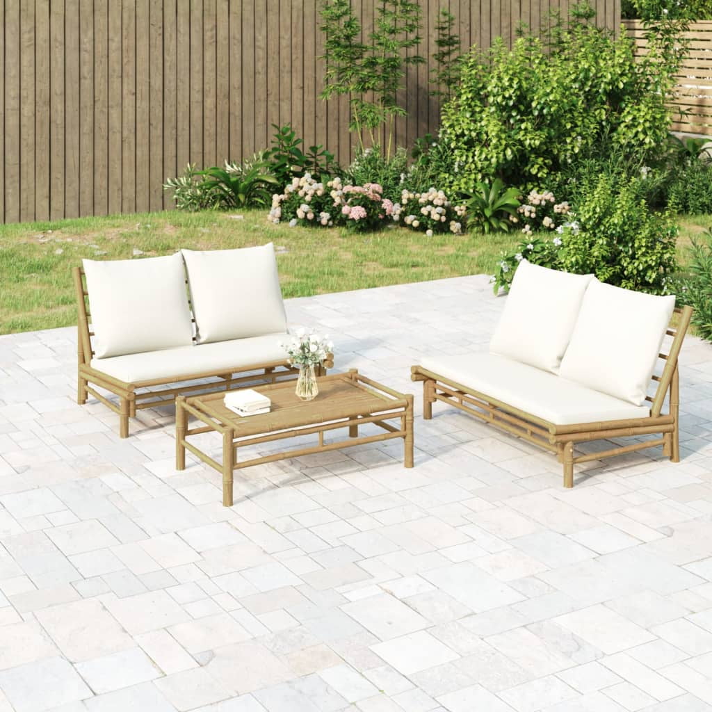 Cream White Cushioned Bamboo Outdoor Patio Bench