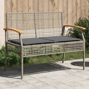 vidaXL Patio Bench with Cushion Gray Poly Rattan Acacia Wood