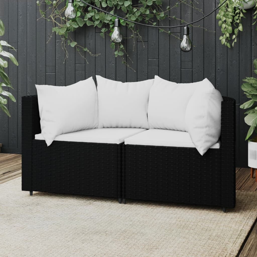 vidaXL Patio Corner Sofas with Cushions 2 pcs Black Poly Rattan