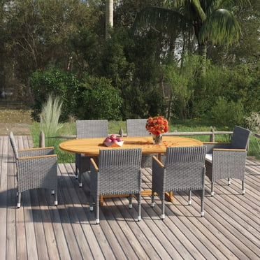 vidaXL Patio Dining Set 7 Piece Poly Rattan Outdoor Seat Furniture Black/Gray