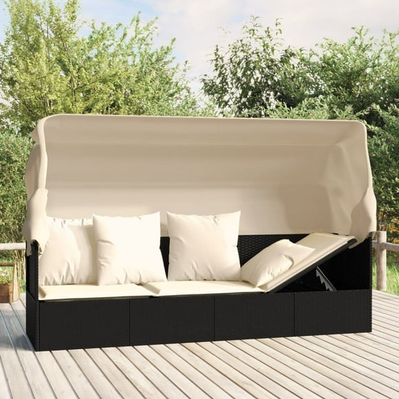 vidaXL Patio Lounge Bed with Roof and Cushions Adjustable Day Bed Poly Rattan