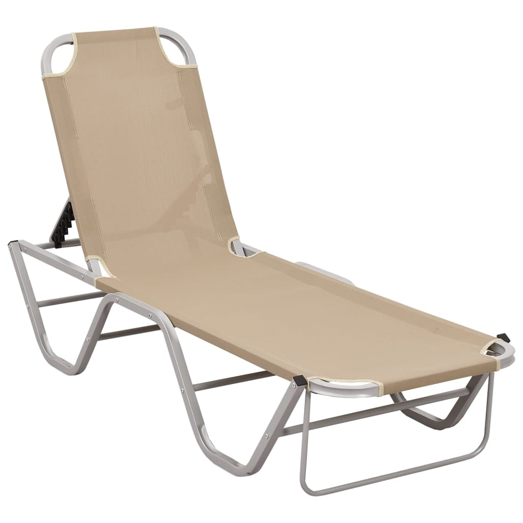 Cream and Silver Adjustable Textilene Chaise Lounger with Arms