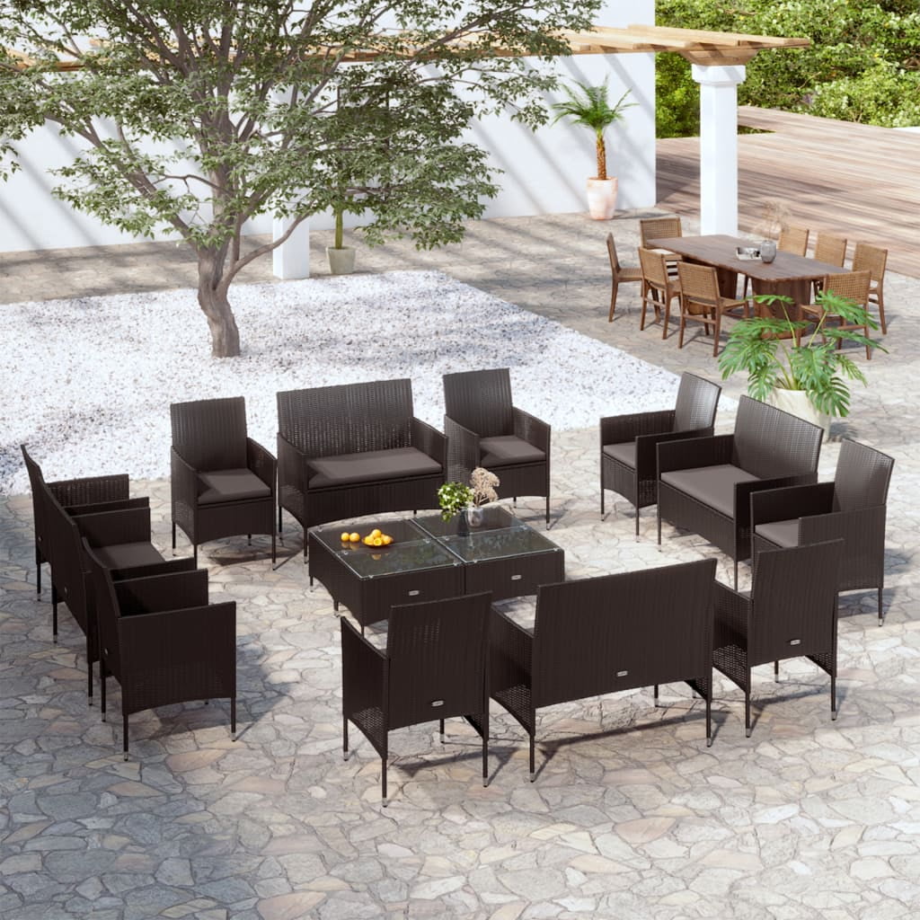 Black Poly Rattan 16-Piece Outdoor Lounge Set with Cushions