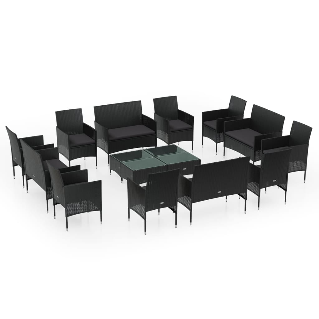 Black Poly Rattan 16-Piece Outdoor Lounge Set with Cushions