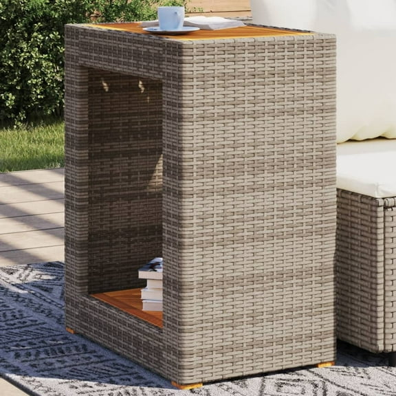 vidaXL Patio Side Table with Wooden Top Beige 39.4"x15.7"x29.5" Poly Rattan