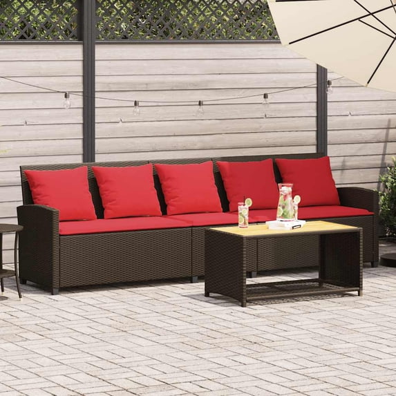 vidaXL Patio Sofa 5-Seater with Cushions Brown Poly Rattan