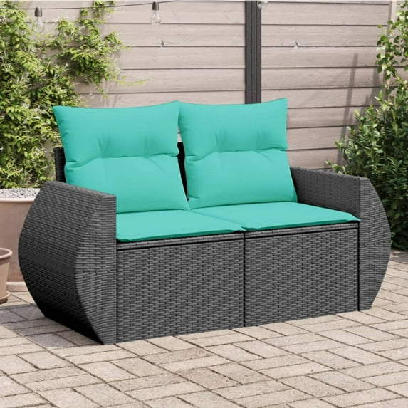 vidaXL Garden Sofa Black and Blue PE Rattan, Powder-Coated Steel, Polyester