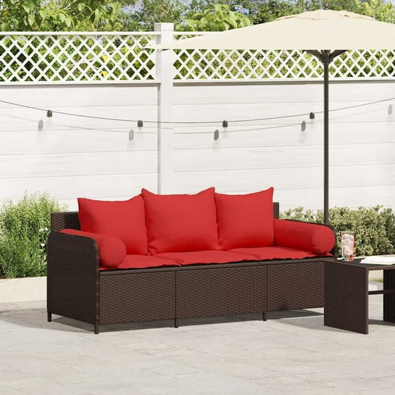 vidaXL Patio Sofa with Cushions 3-Seater Brown Poly Rattan