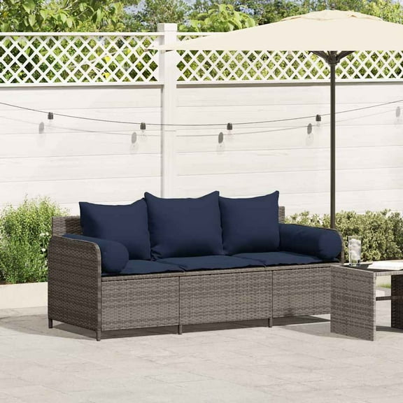 vidaXL Patio Sofa with Cushions 3-Seater Gray Poly Rattan