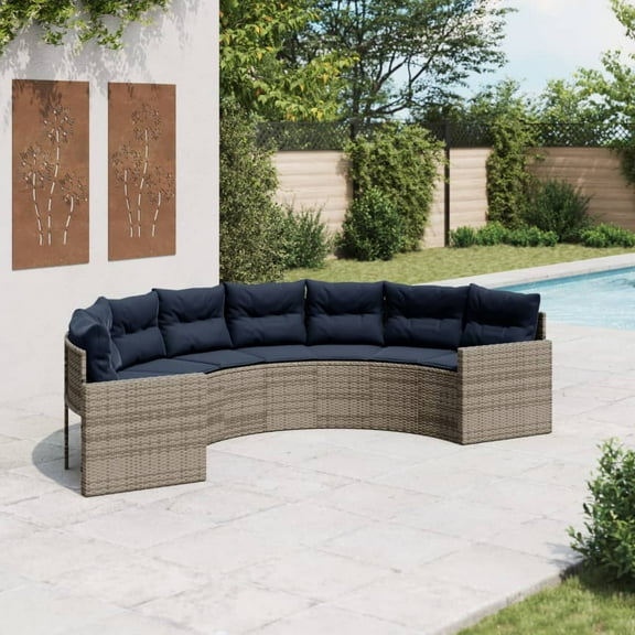vidaXL Patio Sofa with Cushions Half-Round Gray Poly Rattan