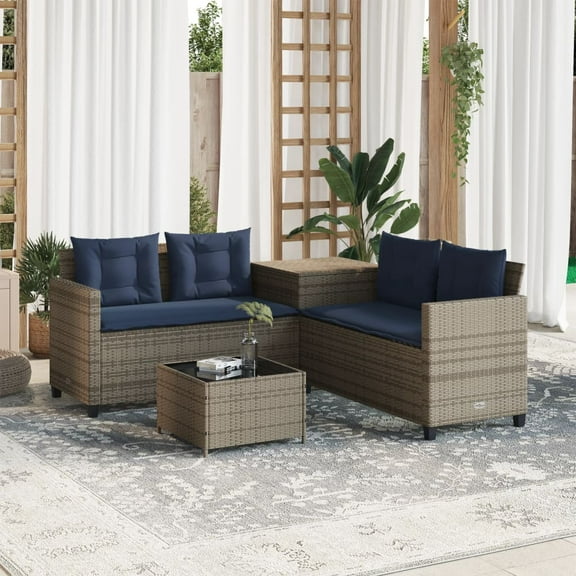 vidaXL Patio Sofa with Table and Cushions L-Shaped Outdoor Seating Poly Rattan Gray/Brown/Black