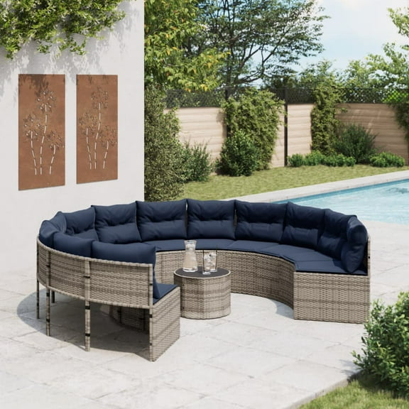 vidaXL Patio Sofa with Table and Cushions Round Gray Poly Rattan