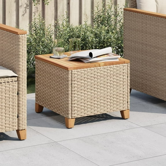 vidaXL Patio Table Beige 17.7"x17.7"x14.6" Poly Rattan Acacia Wood