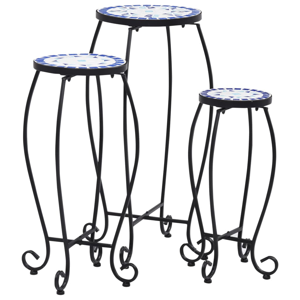 Blue and White Ceramic Mosaic Plant Stand Set with Black Iron Frame
