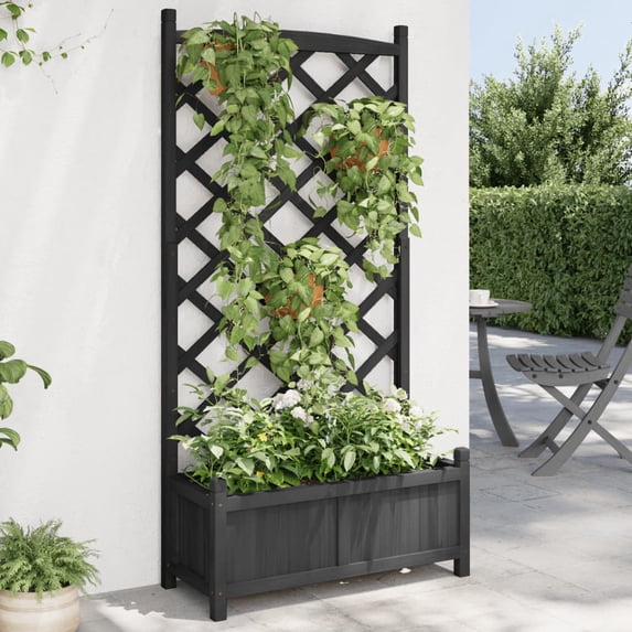 vidaXL Planter with Trellis Black Solid Wood Fir 29.5in x 13.8in x 59.1in