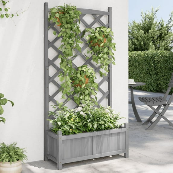 vidaXL Planter with Trellis Gray Solid Wood Fir