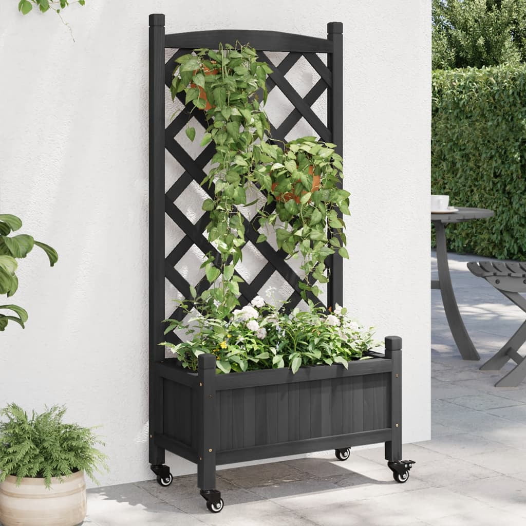 Black Solid Wood Fir Planter with Trellis and Wheels