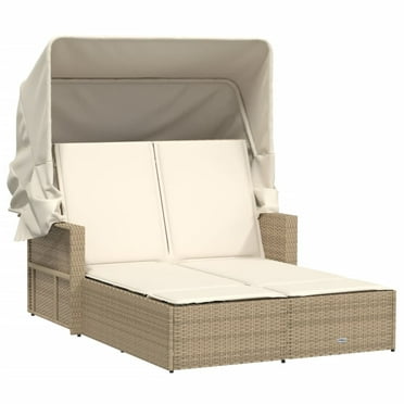 vidaXL Powder Coated Steel Removable Canopy and Cushions Double Sun Lounger, Beige